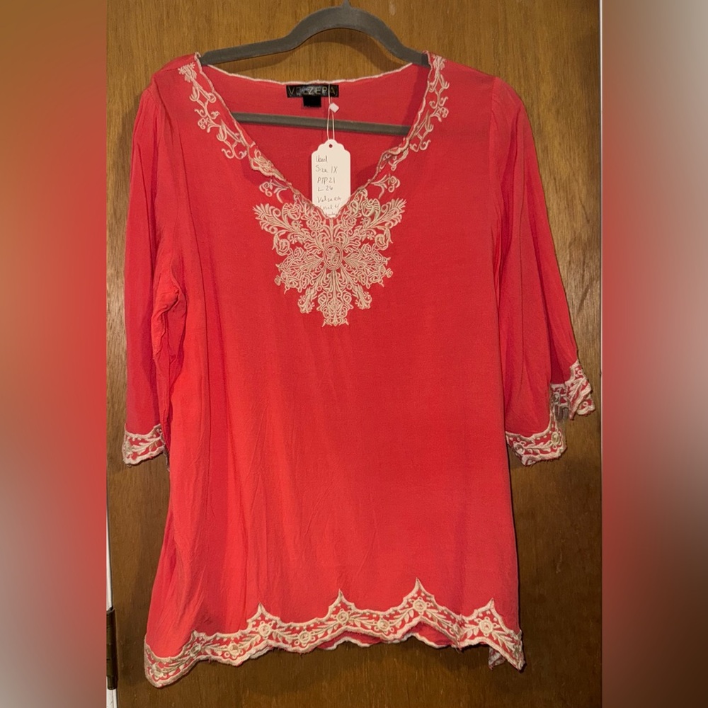 Velzera Coral Embroidered Blouse, Size 1X